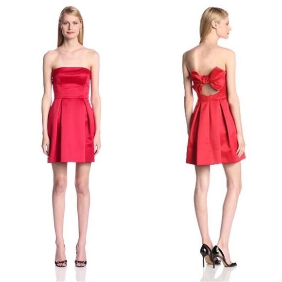 Jill Stuart Mini Dress Size 6 Ruby Red Satin Strapless Bow - Picture 1 of 16